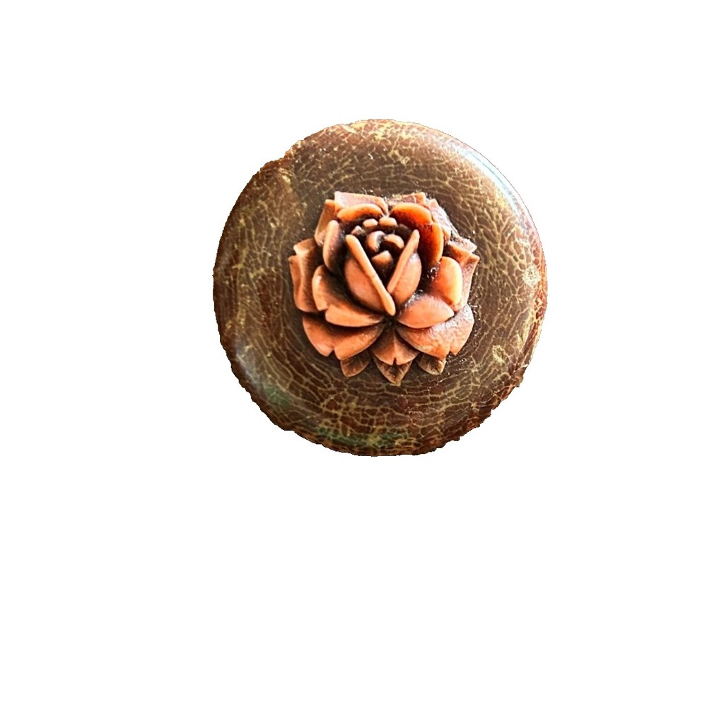 Vintage 1940s Carved Celluloid Rose Brooch Pin Round Dark Wood Base Floral MCM